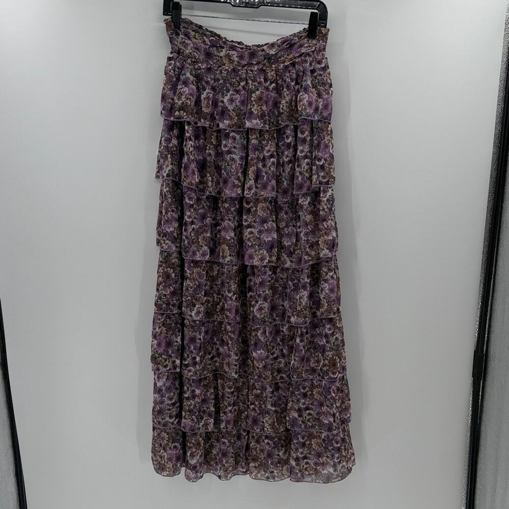 Listicle Women's Boho Tiered Floral Maxi Skirt with front Slit - Purple - Medium